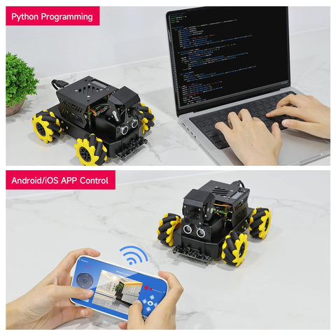 Yahboom Raspberry Pi 5 AI Vision Robot toy with 360° mecanum wheels; black chassis, yellow wheels.