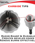 Front view of a tungsten carbide deburring external chamfer tool with hex shank (1/8-3/4 in).