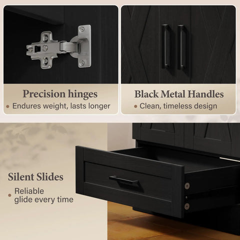 Detail of 24 Inch Bathroom Vanity With Sink In Pure Black, featuring precision hinges and silent slides for durability.