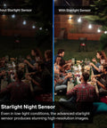 Comparison of outdoor dining scene with and without Starlight Night Sensor using 2K QHD Outdoor Security Camera With 24 Hour Recording.