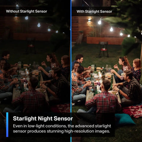 Comparison of outdoor dining scene with and without Starlight Night Sensor using 2K QHD Outdoor Security Camera With 24 Hour Recording.