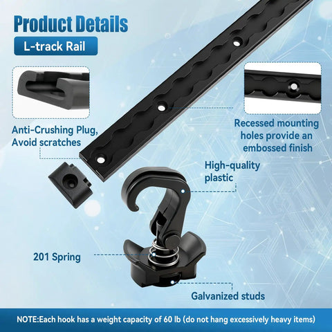 12 Inch L Track Tie Down System Kit with black aluminum rail, mounting holes, anti-crushing plug, and swivel stud fittings.