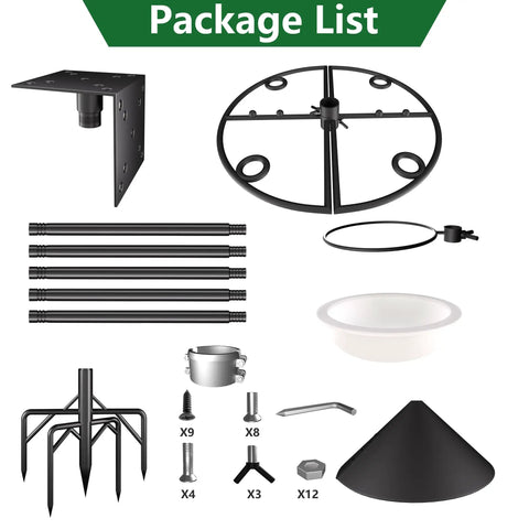 Heavy Duty Bird Feeder Pole Stand 95 Inch Backyard Outdoor Weather Station Pole Kit Adjustable Multifunctional Bird Feeder Set With 5 Prong Base And Solid Metal Mount For Maximum Stability with package components shown.