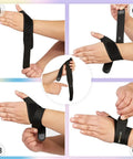 Ultra Thin Pickleball And Tennis Wrist Brace With Adjustable Compression For Pain Relief Thumb And Wrist Support, black, left hand, shown being worn in steps.