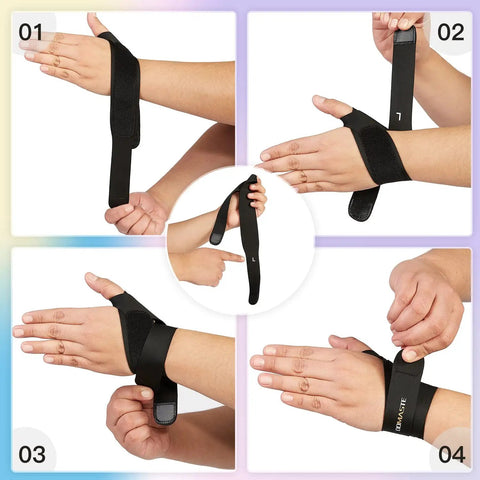Ultra Thin Pickleball And Tennis Wrist Brace With Adjustable Compression For Pain Relief Thumb And Wrist Support, black, left hand, shown being worn in steps.