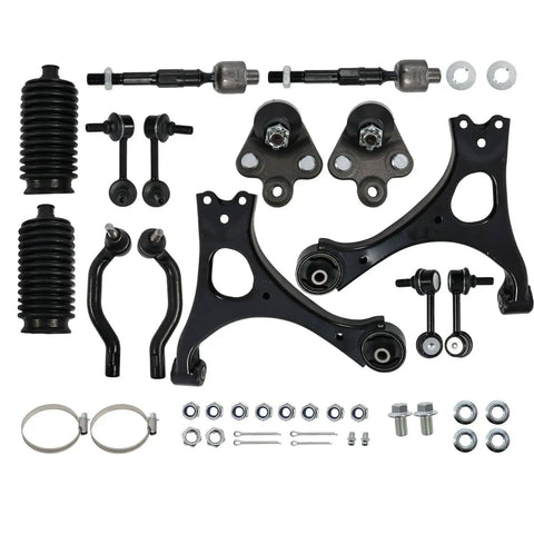 Beefed Up 14 Piece Front Lower Control Arm Suspension Kit With Ball Joint For Honda Civic 2006 2011 Bolt On Direct Fit Replacement Includes Interchange Part Numbers K620382 K620383 K80769 K80768 shown laid out