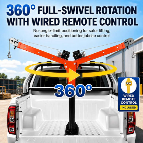 Heavy Duty Folding Truck Bed Crane With A Rock Solid 2000 Pound Electric Winch And 1100 Pound Lift Capacity For Pickup Trucks showing 360° full-swivel rotation.