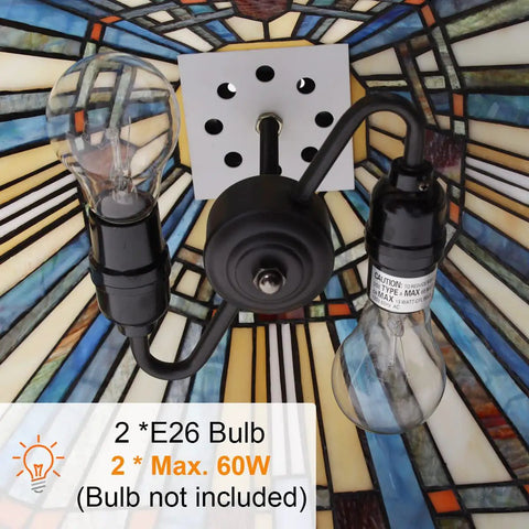Close-up of Two Light Tiffany Style Pendant Light Fixture 16 Inch Large Mission Vintage Stained Glass Hanging Lamp bulbs