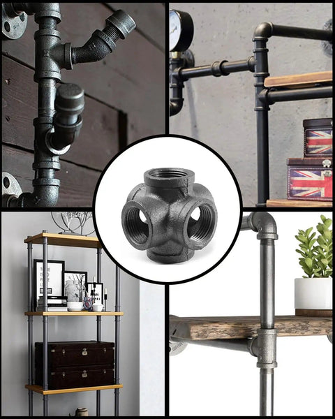 Black 6 Way Side Exit Cross Cast Iron Pipe Fitting For Vintage Industrial DIY Projects And Furniture Shelves Half Inch Threaded Elbow For Easy Installation Heavy Duty Durable Performance In Home Workshop