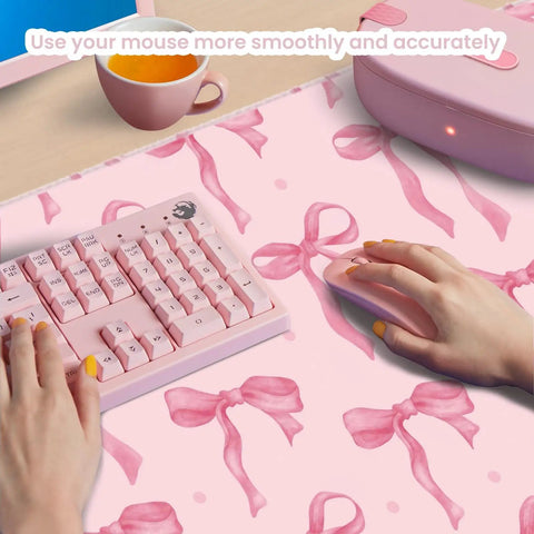 Large Pink Bow Desk Mat For Women 31.5 Inch Non Slip Keyboard And Mouse Pad With Stitched Edge on desk with pink accessories