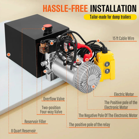 12V Dump Trailer Hydraulic Pump Kit with Eight Quart Power Unit Double Acting Electric Hydraulic Pump shown in detail