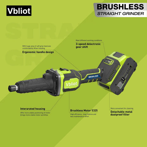 Heavy Duty Brushless Cordless Die Grinder 6mm Collet 24V 5Ah Battery 3 Speed Modes, ergonomic design for easy handling.