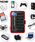 47 In 1 Precision Electronics Screwdriver Set For Phones Laptops MacBooks And Tablets With 42 Bits Tweezers And Small Extension Rod Pro DIY Repair Kit displayed with compatible devices.