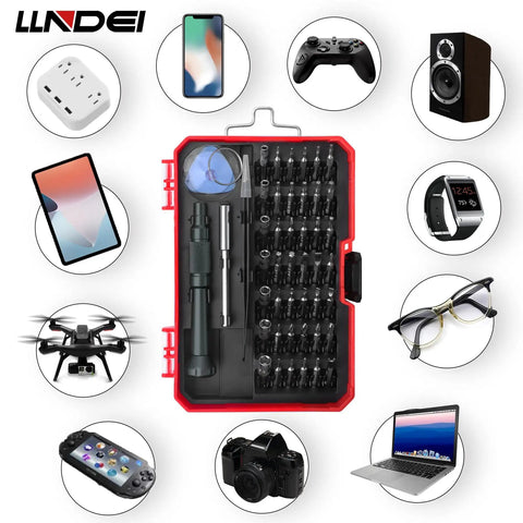 47 In 1 Precision Electronics Screwdriver Set For Phones Laptops MacBooks And Tablets With 42 Bits Tweezers And Small Extension Rod Pro DIY Repair Kit displayed with compatible devices.