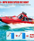 RC Boat For Kids And Adults, 2.4GHz Remote Control Boat with Bright LED Lights, Fast 20 MPH Jet Boat, Red, with batteries shown.