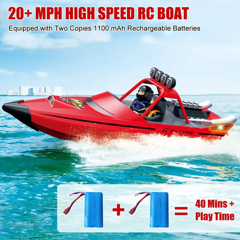 RC Boat For Kids And Adults, 2.4GHz Remote Control Boat with Bright LED Lights, Fast 20 MPH Jet Boat, Red, with batteries shown.