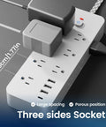 Close-up view of 4Ft Power Strip With 14 Ac Outlets And Dual Fast Charge Usb Ports with large spacing and three-sided socket design.