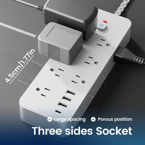 Close-up view of 4Ft Power Strip With 14 Ac Outlets And Dual Fast Charge Usb Ports with large spacing and three-sided socket design.