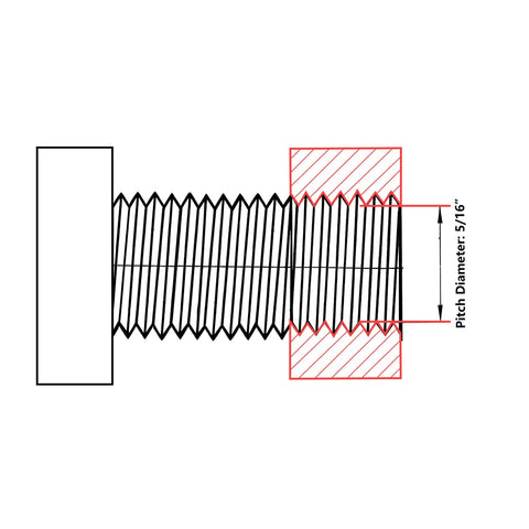 Diagram of 3/8 16 UNC threaded bolt with pitch diameter measurement for adjustable furniture levelers.
