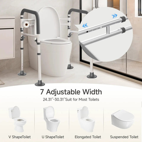 Built To Last Adjustable Toilet Safety Frame For Seniors And Adults With Quick Resize Height Bars, shown near a toilet with adjustable width feature.