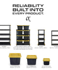 4-Tier Heavy Duty Plastic Garage Storage Shelves For No-Fuss Organization And Space Saving, Rugged Multi Shelf Rack To Tidy Tools, Gear, And Containers, Easy Assembly, Ideal For Workshop Or Home Garage, with black-and-yellow totes