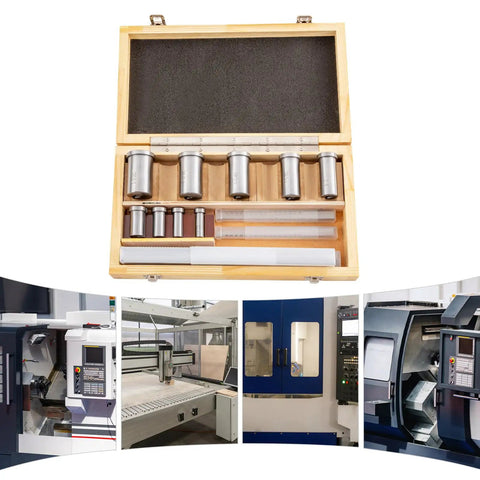 Keyway Broach Set For Lathe, 18 Pc HSS Metalworking Cutting Tool Kit with wooden case and assorted metal bushings and tools.