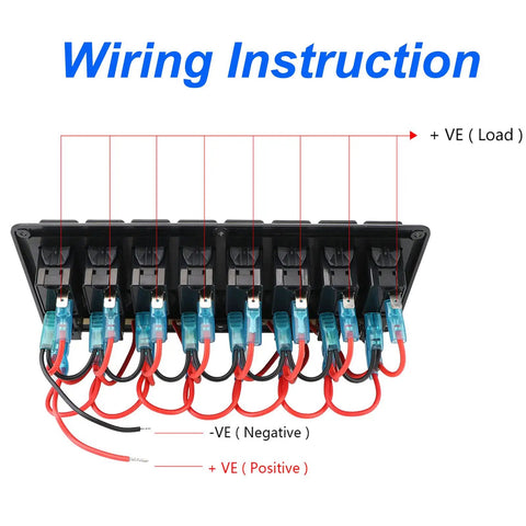 Wiring instructions for Beefy 8 Gang Boat Rocker Switch Panel Waterproof Marine Panel with LED On Off Switches and Circuit Breakers 12V 24V.