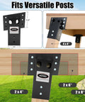 Heavy Duty Deer Stand Brackets For 4X4 Timbers Featuring Badass Strength And Powder Coated Finish Top Shelf Hanging Hardware For Hunting Blinds Treehouses Outside 2000 Pound Rating Four Pack Black Steel Braces With Anchors mounted on a 4x4 timber with dimensions and settings visible.