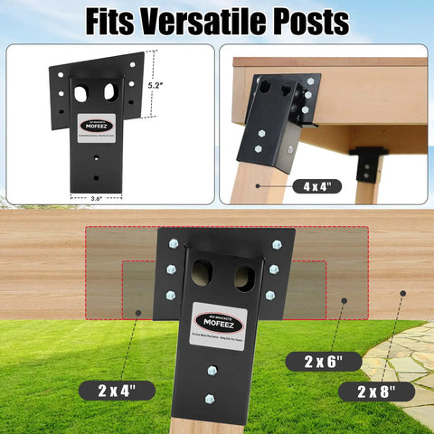 Heavy Duty Deer Stand Brackets For 4X4 Timbers Featuring Badass Strength And Powder Coated Finish Top Shelf Hanging Hardware For Hunting Blinds Treehouses Outside 2000 Pound Rating Four Pack Black Steel Braces With Anchors mounted on a 4x4 timber with dimensions and settings visible.