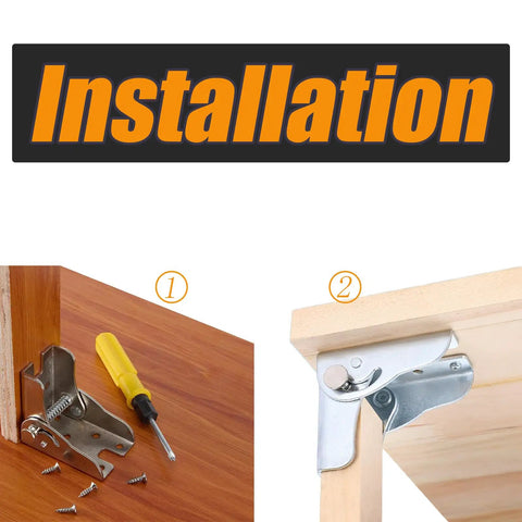 Installation steps of Built Tough 90 Degree Auto Locking Folding Bracket For Tables And Beds Nickel Plated Steel Hinge with tools.