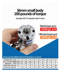 Hand holding Beefy 36mm DC Gear Motor With Planetary Gearbox And Encoder 12V 24V, showing torque specifications and table