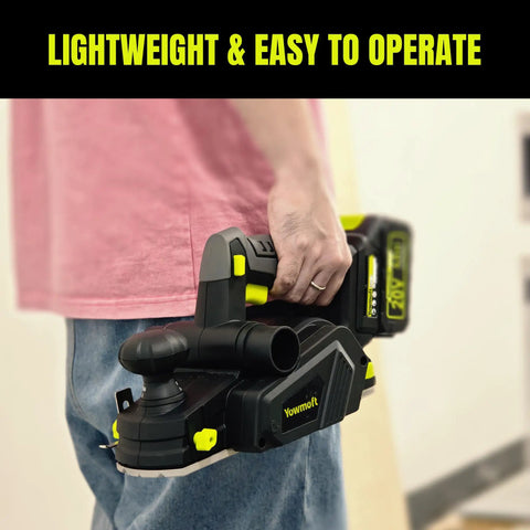No-Fuss 20V Cordless Wood Planer With Included 4Ah Battery, features a handheld design for easy operation.