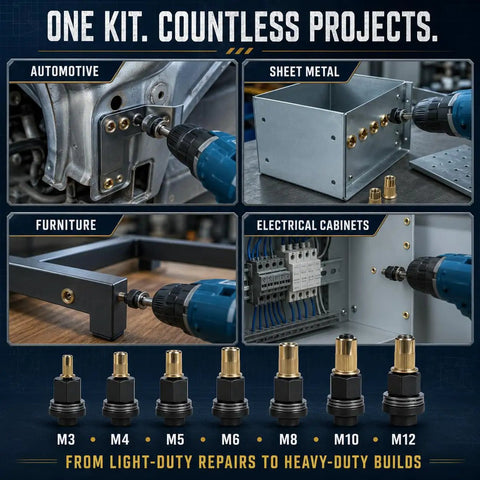77-Piece Rivet Nut Installation Kit With Drill Adapters And Press-In Nuts, Seven Installers And 70 Nuts M3-M12 for automotive and sheet metal
