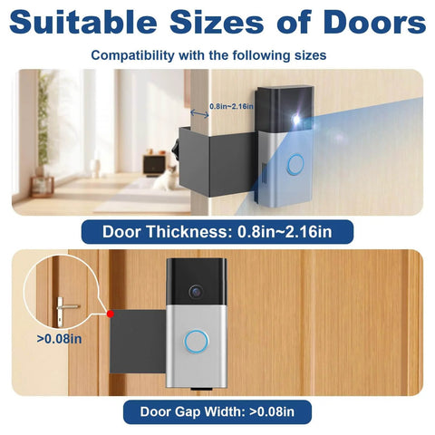 Anti Theft Video Doorbell Mount No Drill Bracket For Battery And Video Doorbells Easy Install shown on door thickness 0.8in-2.16in