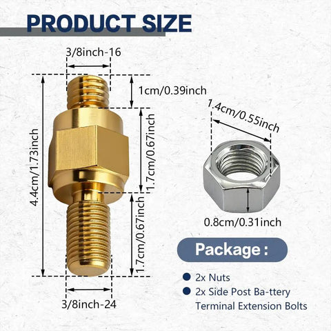 Street Smart Side Post Battery Terminal Extenders, 3/8 inch brass adapter and nuts showing measurements and size details.