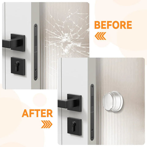 Before and after image showing Heavy Duty Clear Silicone Door Stoppers Built Like A Tank With Solid One Inch Base impact protection.