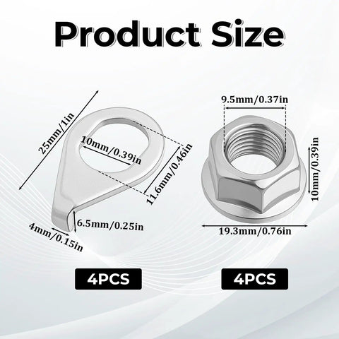 Image showing dimensions of 4-piece kit with 4 axle nuts and 4 safety washers for Eight Pack Bicycle Axle Nut And Safety Washer Kit.