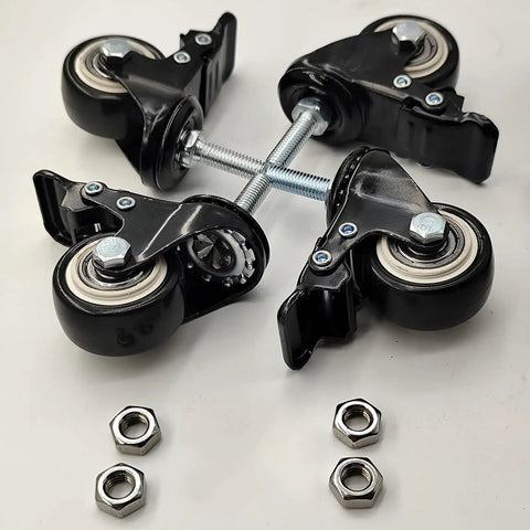 Heavy Duty Swivel Casters 2 5 Inch Set Of 4 With M10x25mm Threaded Stem And Dual Lock Brakes with black polyurethane wheels and metal nuts.