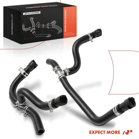 2-Piece Inlet And Outlet HVAC Heater Hose Line Assembly With Clamps For Chevrolet Traverse 2009-2017, GMC Acadia 2007-2017, And Buick Enclave 2008-2017, No-Brainer Install Replacement Hose Kit displayed with packaging and two hoses