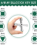 Hand holding 6-way sillcock key showing key sizes for Two Pack 4 Way and 6 Way Sillcock Water Key Set Handy Multi Function Wrench