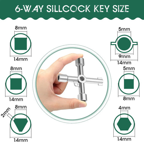 Hand holding 6-way sillcock key showing key sizes for Two Pack 4 Way and 6 Way Sillcock Water Key Set Handy Multi Function Wrench