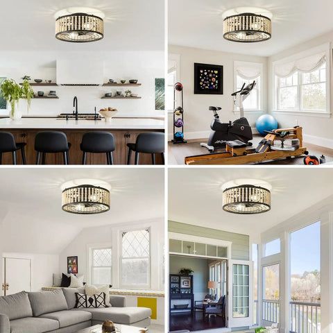 Beaded Caged Ceiling Fan With Lights And Remote 19 Inch Flush Mount Black Finish Bead Trim Design in modern home settings