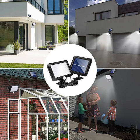 Outdoor Solar Motion Lights With 56 LED, IP65 Waterproof, 120 Degree Lighting Angle, illuminating path and garden at night.