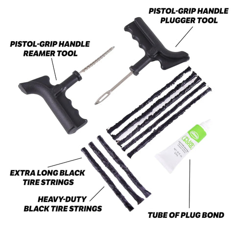 Rock Solid DIY Tire Repair Kit Featuring Eleven Piece Set With Hella Tough Puncture Strings Pro Grip Tools And Quick Dry Rubber Cement Glue For Atvs And Lawn Gear No Sweat Road Ready Fixes Always, includes tools and tire strings.
