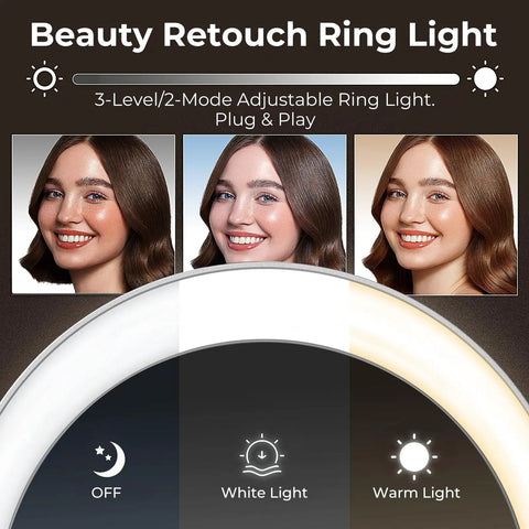 Hella Crisp 4K Webcam For PC With Built In Mic And Soft Ring Light Plus Manual Privacy Cover images showing 3-level adjustable ring light.