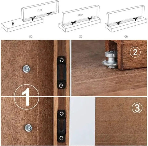 Eighty Pack Hidden Connection Fasteners Invisible Cam Lock Screws Black Furniture Hardware setup instructions on wooden panels.