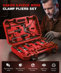 Heavy Duty Hose Clamp Pliers Set 9Pc Kit for Car Engine Repairs and DIY in red case on table with man in gloves.