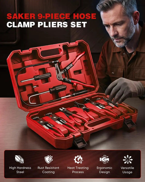 Heavy Duty Hose Clamp Pliers Set 9Pc Kit for Car Engine Repairs and DIY in red case on table with man in gloves.