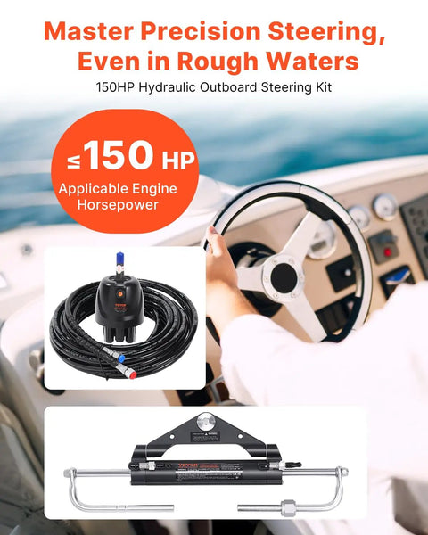Hydraulic Boat Steering Kit for Outboard Motors 150HP with 26 Feet Hoses Two Way Lock Cylinder Relief Valve Aluminum Alloy Housing