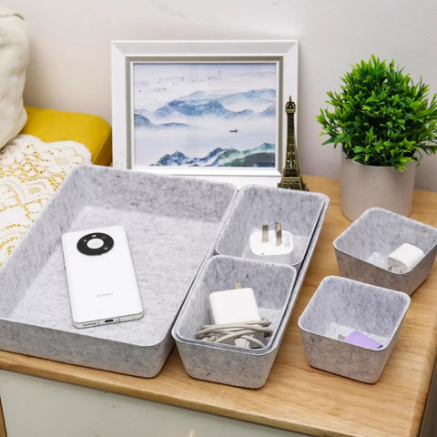 Customizable 8 Pack Felt Drawer Organizer Trays Set For Desk Drawers Shallow Modular Storage Bins For Office Supplies Makeup And Jewelry In Light Gray Mix And Match To Fit Any Drawer Like A Pro displayed on a desk holding various items.